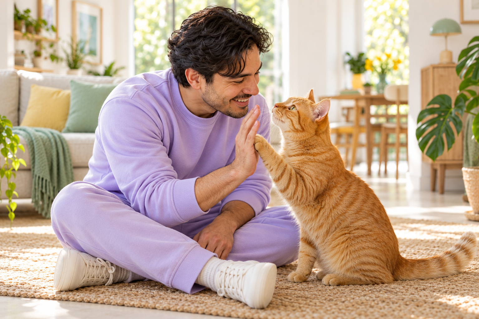 Un hombre y su gato naranja comparten un momento de juego en casa