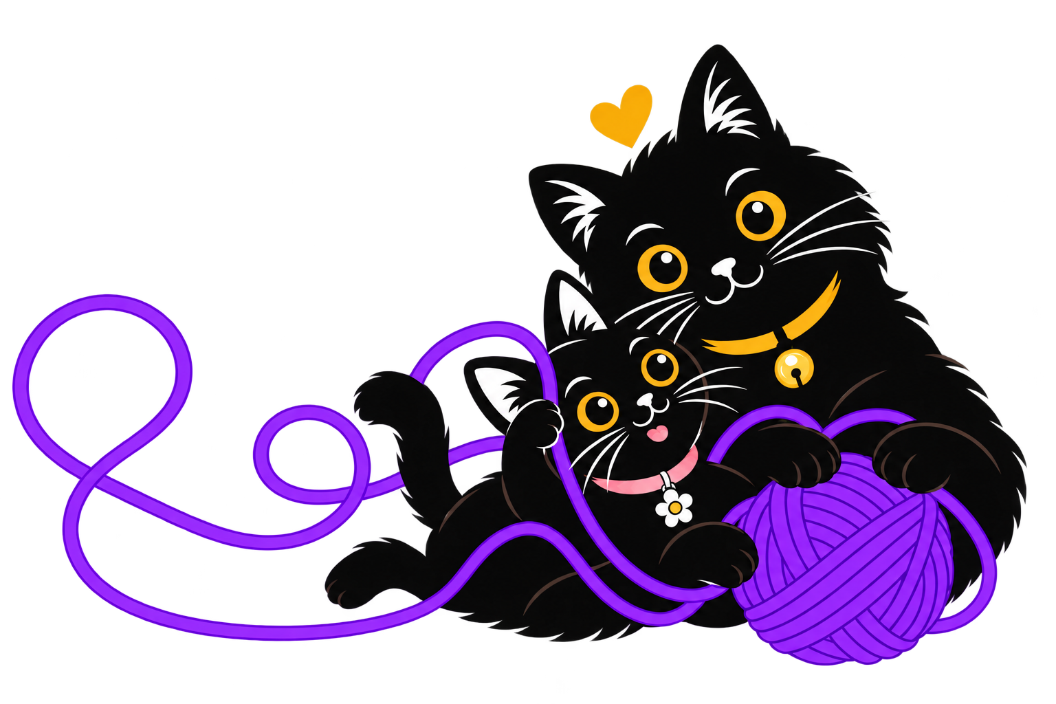 Dos gatitos negros del Club juegan juntos con un ovillo morado